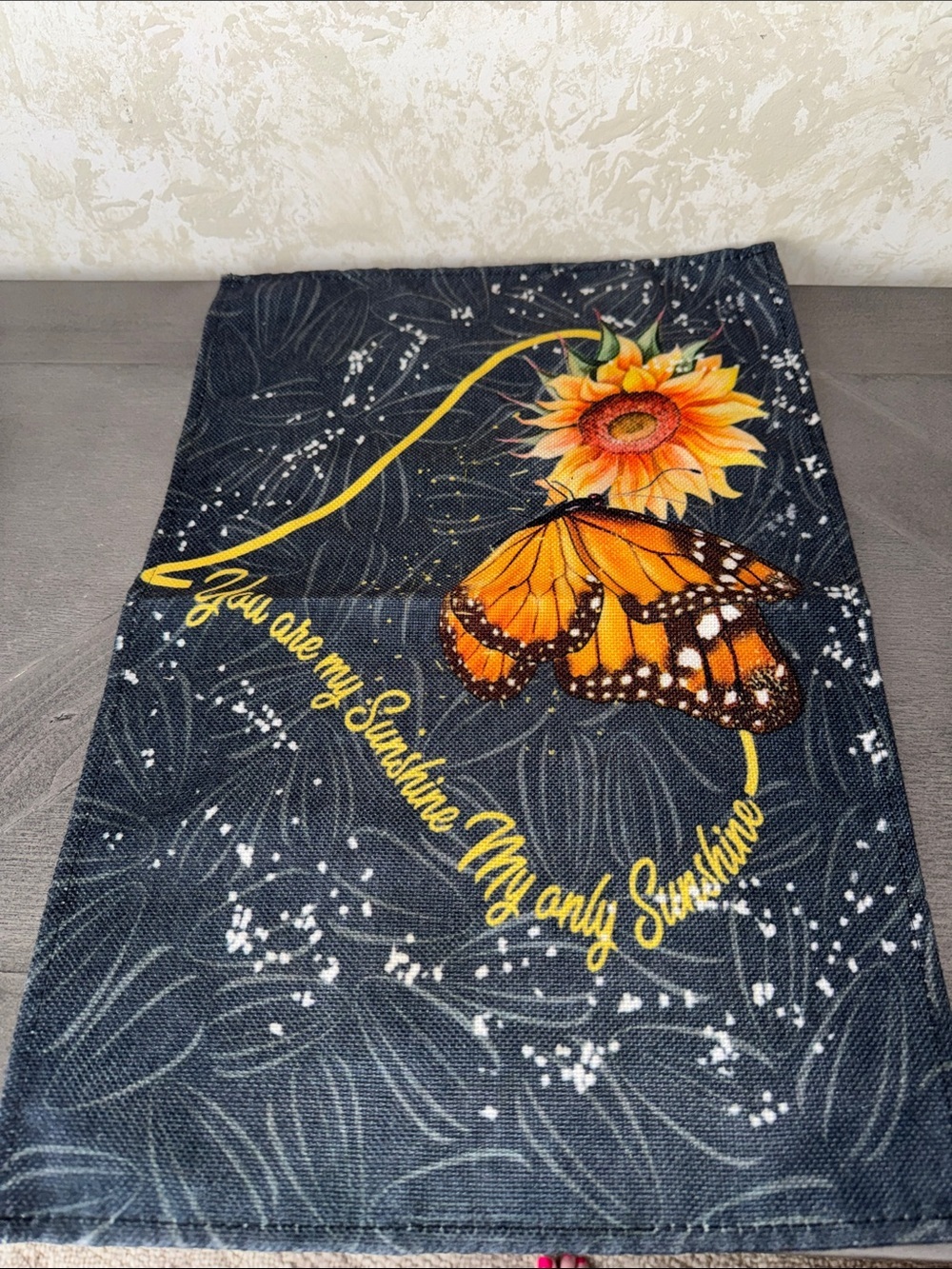 Sunflower & Monarch Butterfly Decorative Kitchen Towel - Yellow on Dark Blue